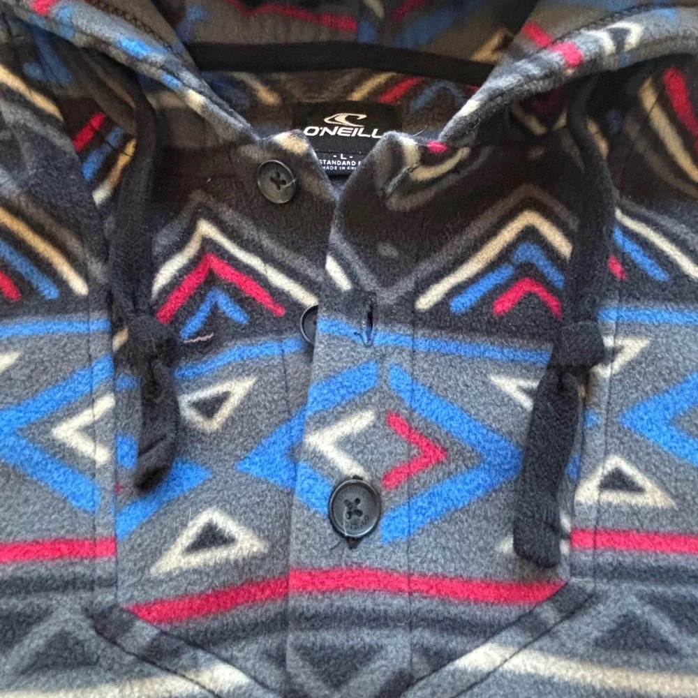 O'Neill Fleece Hoodie Aztec Tribal Men's L Patterned Pullover Pouch 3 Button